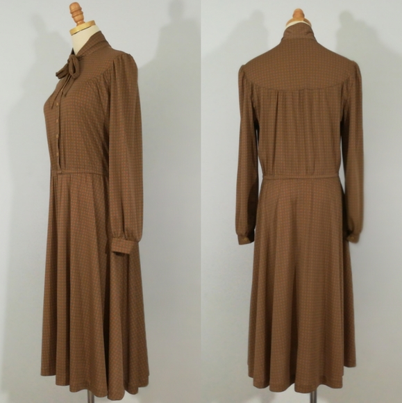 VINTAGE High Neck Tie Up Button Midi Long Dress - Picture 6 of 16